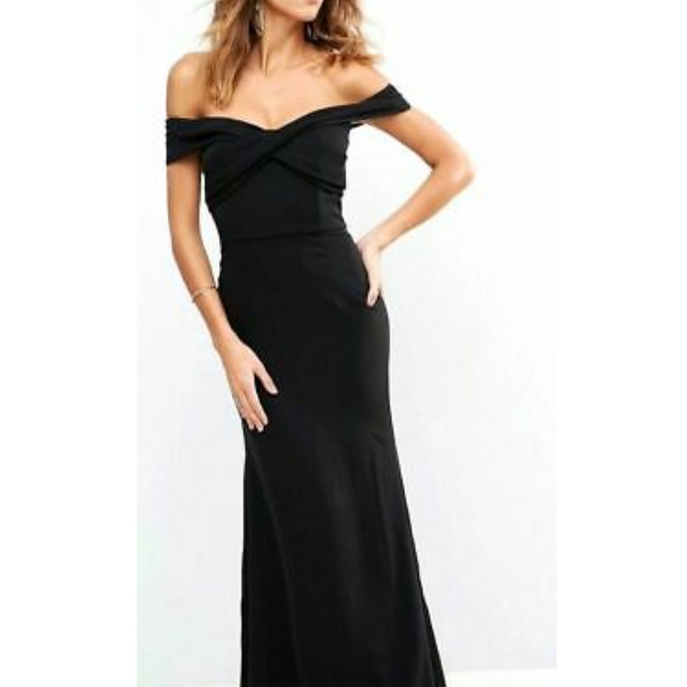 JARLO Black tie off the shoulder gown with train